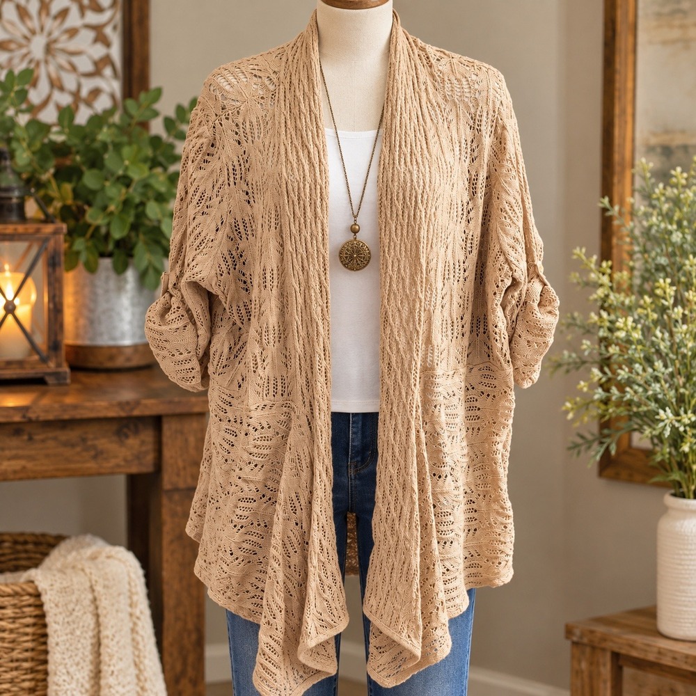 Woman Within Tan Pointelle Knit Open Front Cardigan Button Tab Sleeve 3X 30/32